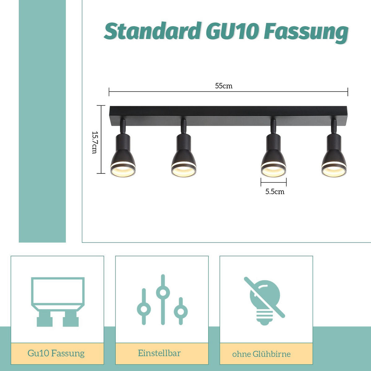 STRAHLER Kissingen 4-flammig 55/5/15.7 cm - Schwarz, Metall (55/5/15.7cm) - Nettlife