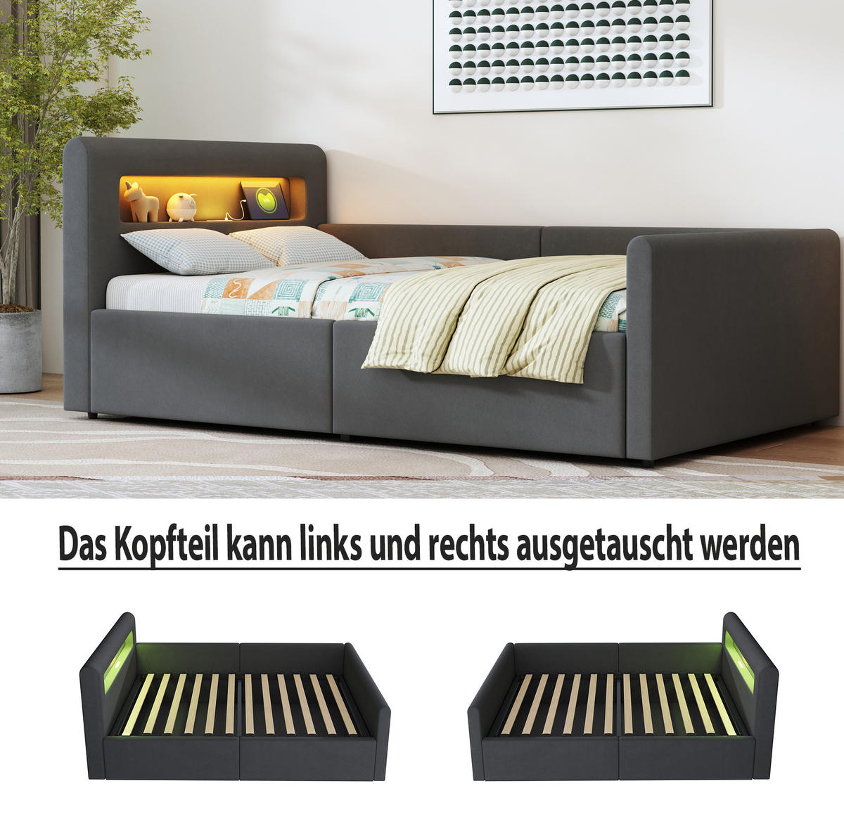 KINDERBETT 90/200 cm Dunkelgrau aus Samtstoff mit Stauraum und LED-Beleuchtung - Grau, Textil (90/200cm) - OKMYHOME