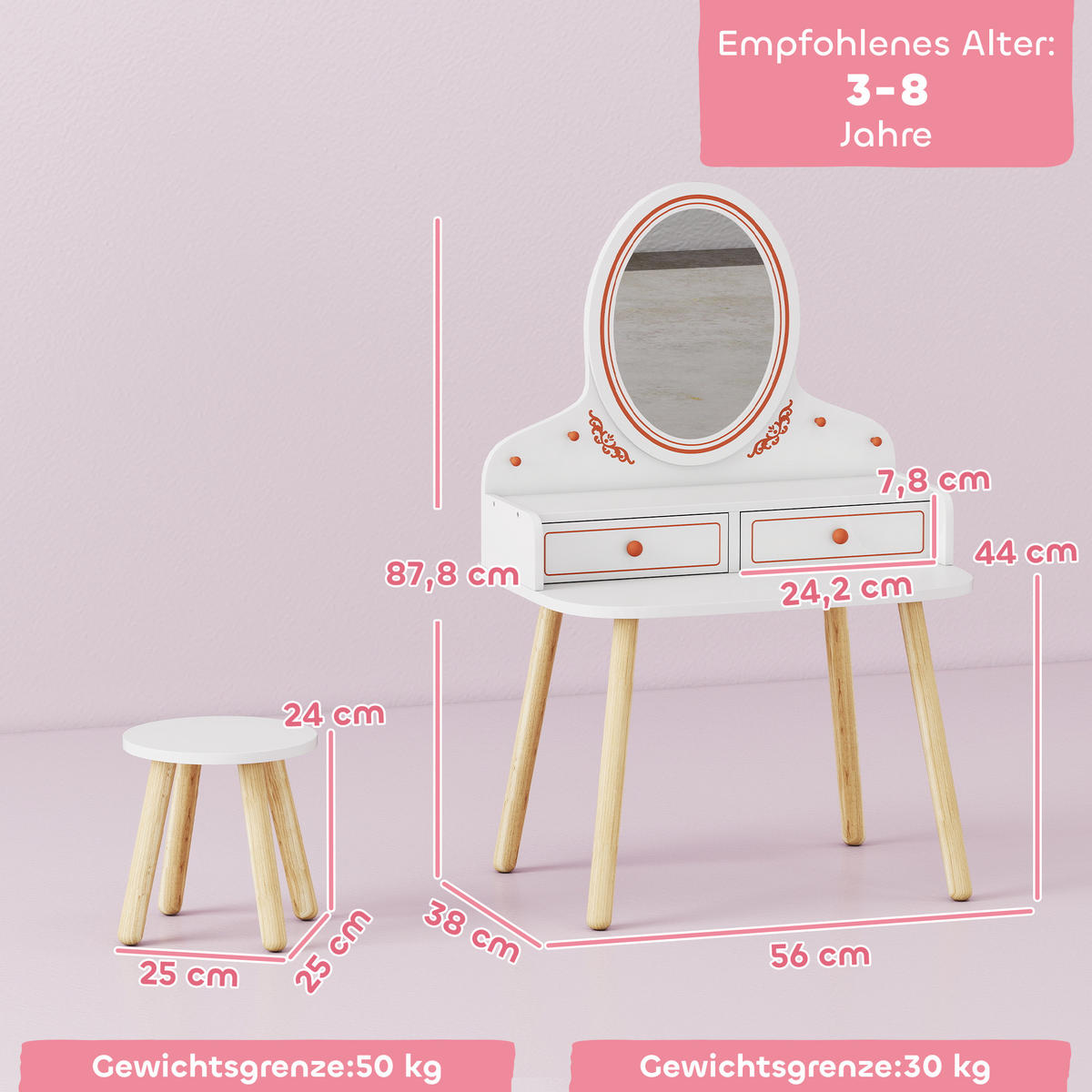 SCHMINKTISCH-KINDER MDF Kiefernholz Weiß - Weiß/Kieferfarben, Holzwerkstoff (38/87.8/56cm) - AIYAPLAY