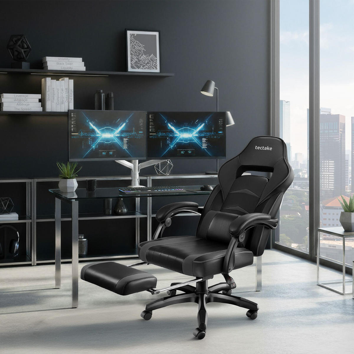 RACING BÜROSTUHL Comodo,inklusive Lendenkissen, Belastbarkeit 120 kg,schwarz/schwarz - Schwarz, Textil (70/127.5/69cm) - tectake