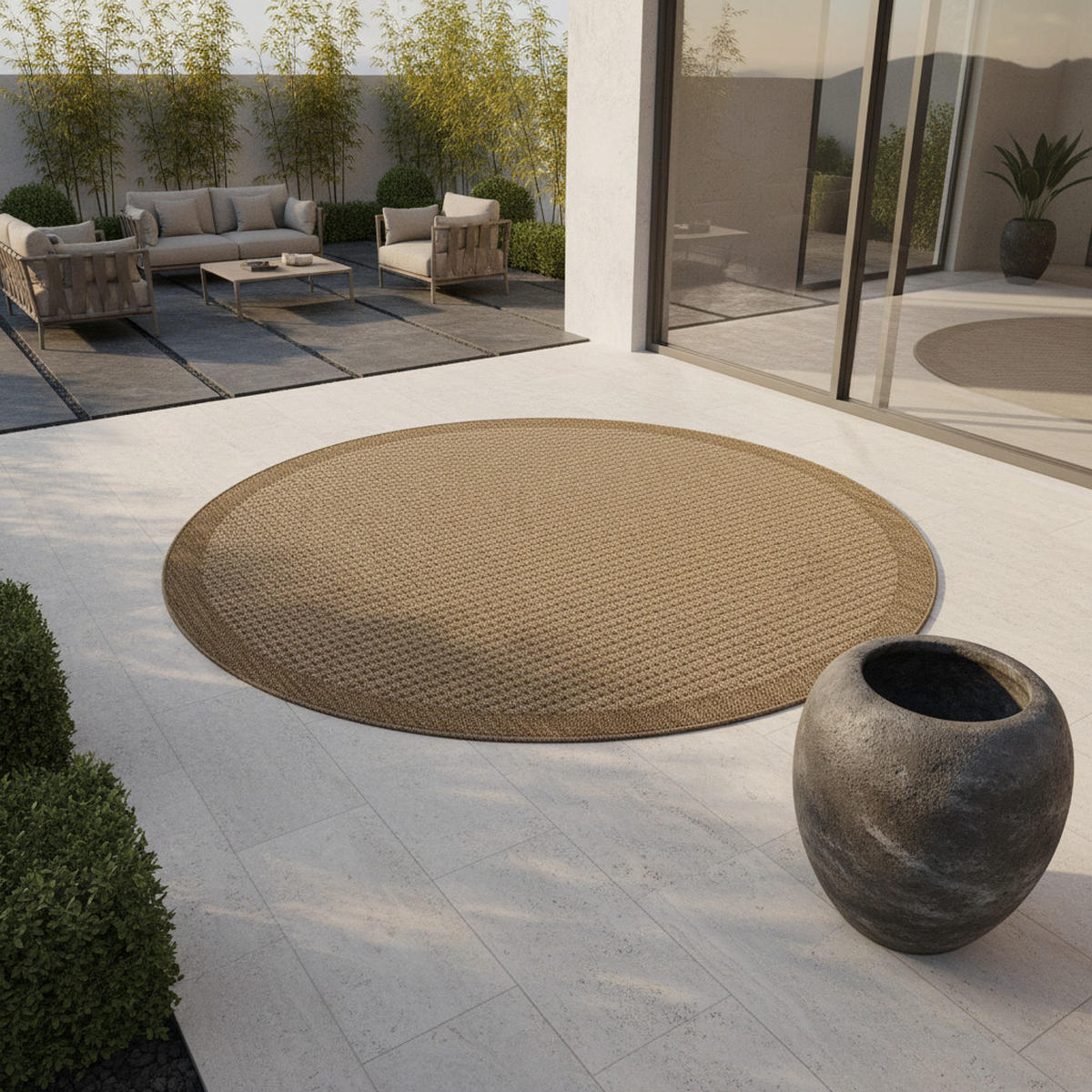 TEPPICH Outdoor Flachgewebe Uni-Farbe Polypropylen Balkon Braun Rund 120x120 - Braun, Textil (120/120cm) - KADIMA DESIGN