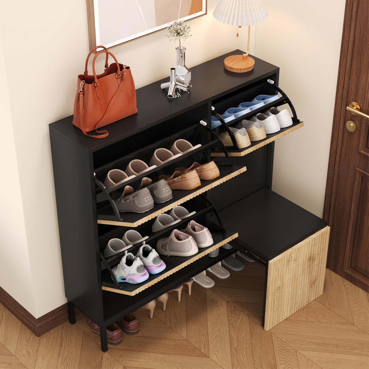 SCHUHSCHRANK 100/25/100 cm in Schwarz/Natur mit 3 Klappen und ausziehbarer Sitzbank - Schwarz, Holzwerkstoff (100/100/25cm) - Flora Grace