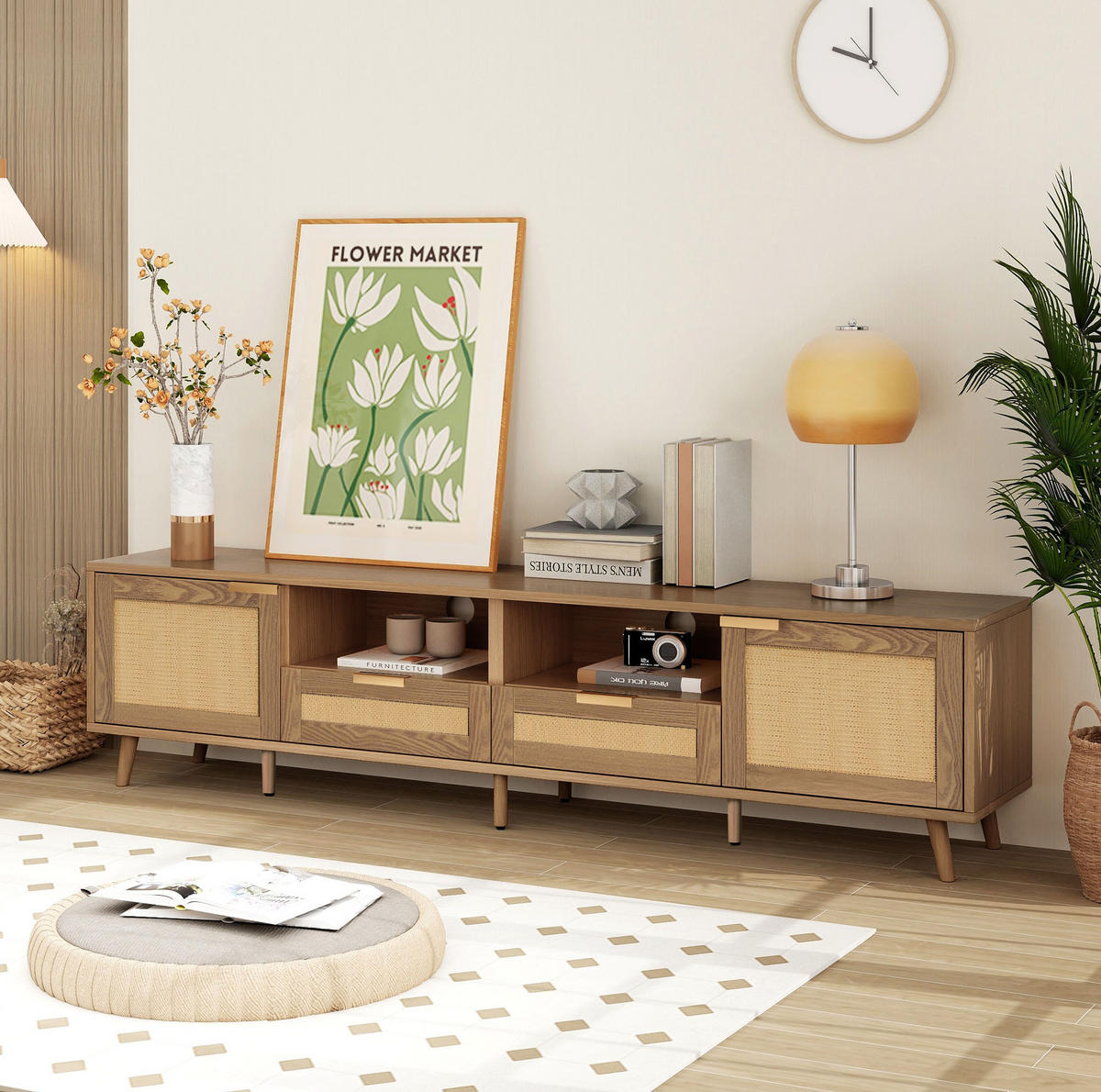 LOWBOARD 200/37/49 cm Eiche aus Holzwerkstoff mit Rattandesign - Braun, Holzwerkstoff (37/49/200cm) - OKMYHOME
