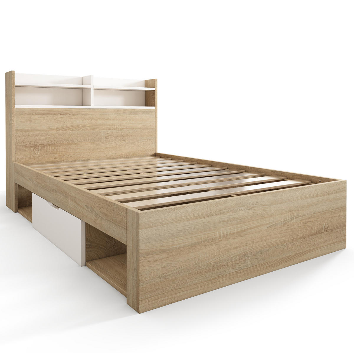 POSTEĽ 90/200 cm z drevotriesky a masívu biela/dub, s úložným priestorom a matracom - biela, kompozitné drevo (90/200cm) - BEAOK