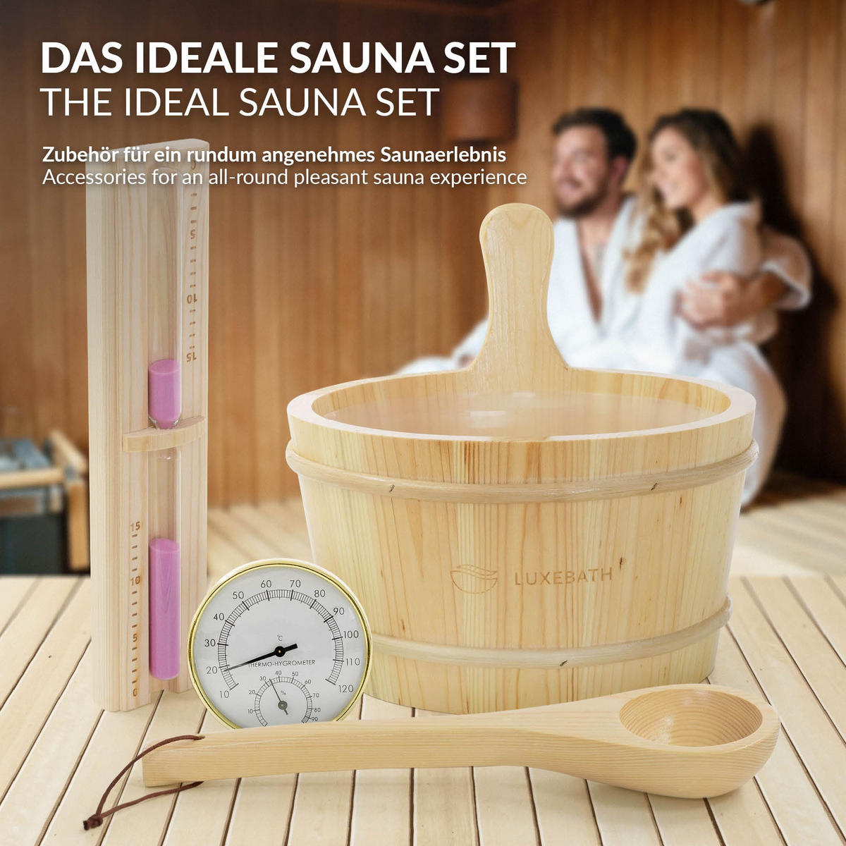 SADA SAUNOVÉHO PŘÍSLUŠENSTVÍ, 4dílná, z borového dřeva - přírodní, dřevo (27/30/37cm) - LuxeBath