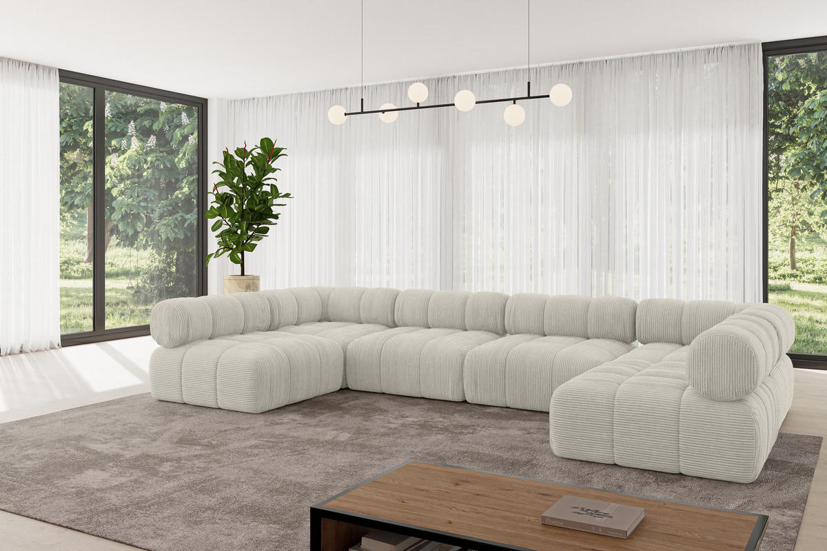 WOHNLANDSCHAFT modulares Sofa Garvo-U2 - 380x190x70 cm Hellgrau Cord - Hellgrau, Holzwerkstoff/Textil (380/70/190cm) - ALTDECOR