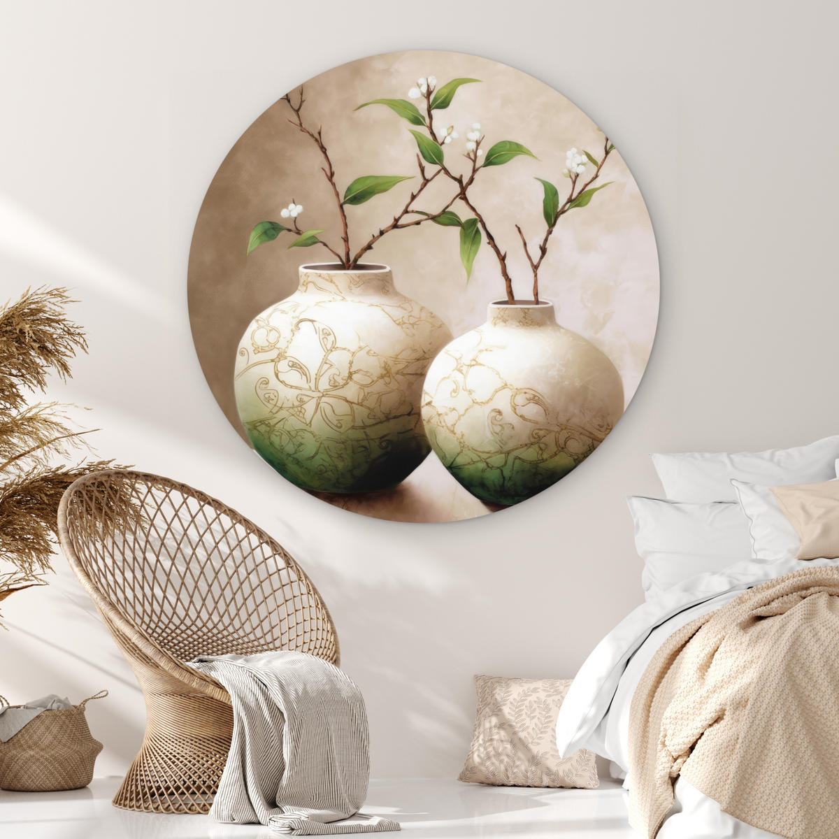 WANDBILD Blumen - Vase - Weiß - Botanisch - Beige 140x140 cm - Ecru, Kunststoff (140/140cm) - MuchoWow