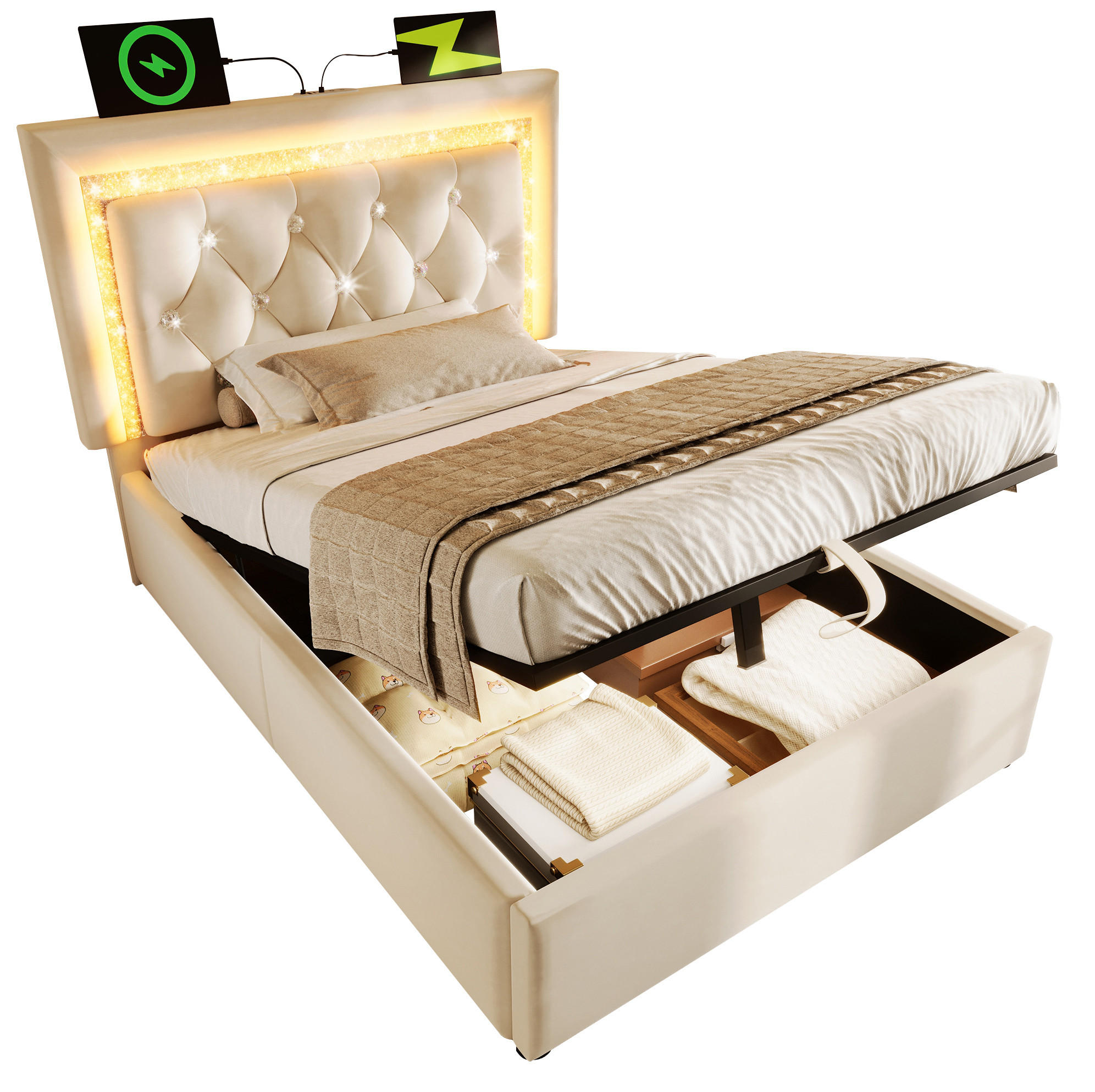 Modfu ČALOUNĚNÁ postel ze sametu 90x200 cm béžová s LED osvětlením, USB a Type-C portem a hydraulickým úložným prostorem