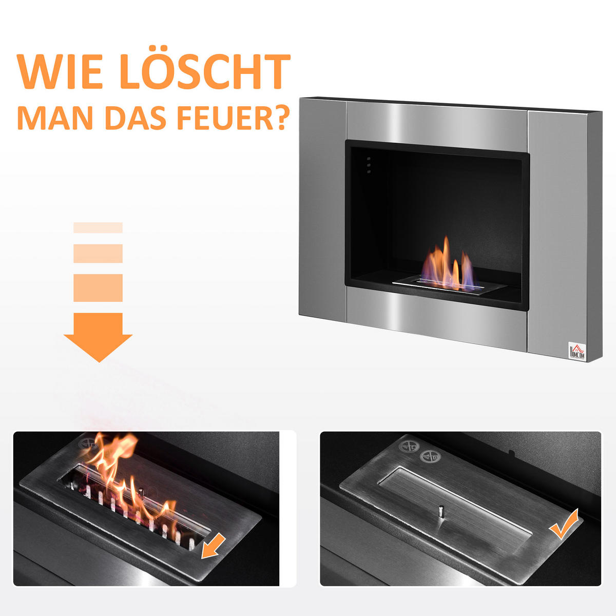 ETHANOL-KAMIN, 0,9 L, 3 Stdn., kein Rauch, Edelstahl, 80 x 14 x 54 cm - Silberfarben, Metall (14/54/80cm) - HOMCOM