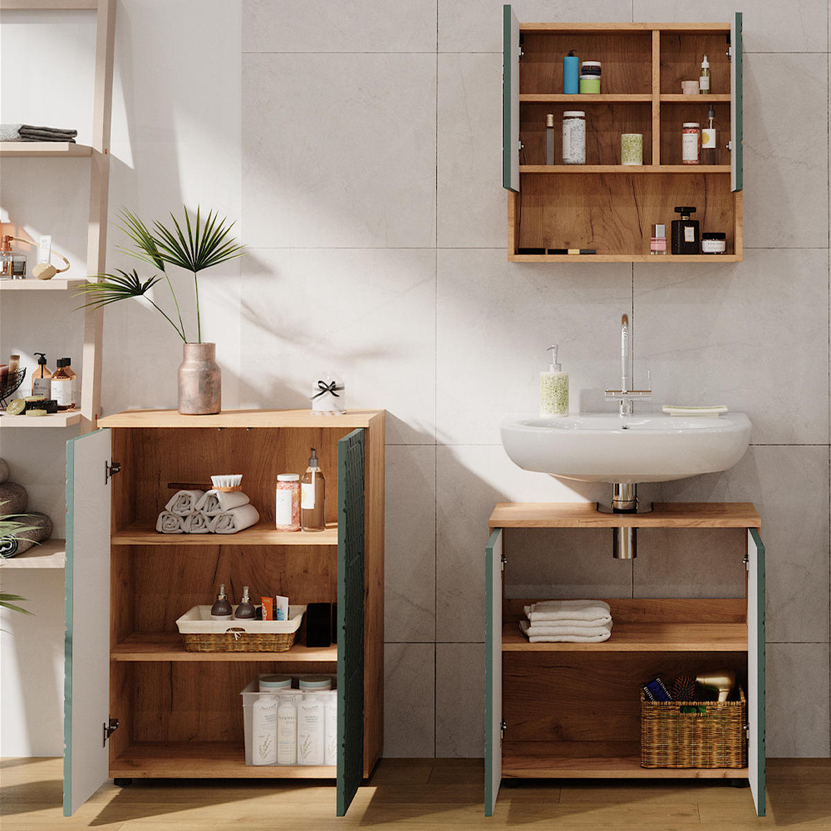 BADMÖBEL-SET Irma Grün 3 Teile, mit Unterschrank 60 cm - Honigeiche/Grün, Holzwerkstoff (80/58.6/41cm) - Vicco