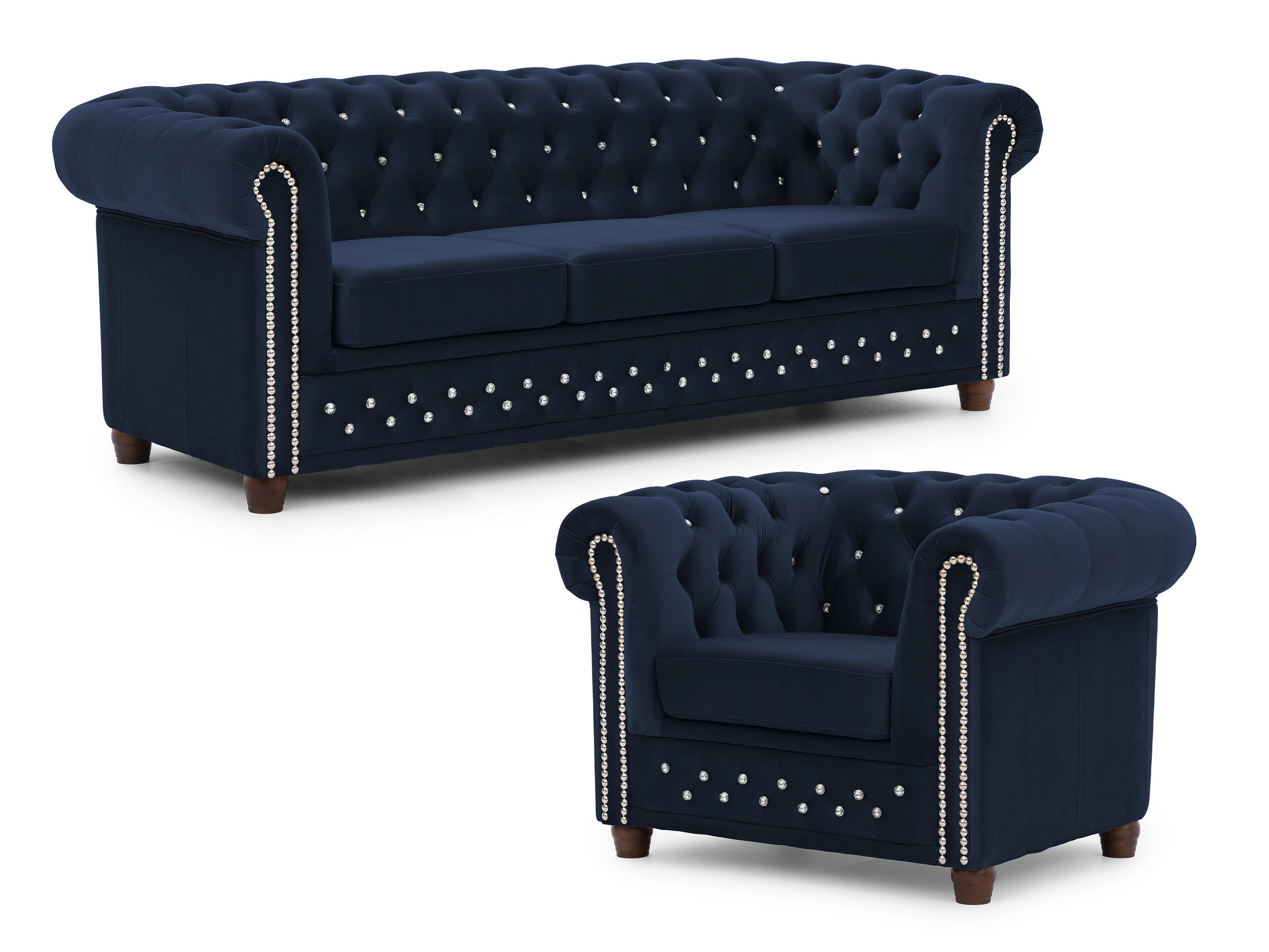 SITZGARNITUR 3+1 Chesterfield Cleo Blink Marineblau Samt mit Kristallsteppung und braunen Massivholzfüßen - Blau/Braun, Holz/Textil (203/72/86cm) - S-Style Möbel