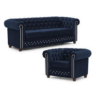 SITZGARNITUR 3+1 Chesterfield Cleo Blink Marineblau Samt mit Kristallsteppung und braunen Massivholzfüßen - Blau/Braun, Holz/Textil (203/72/86cm) - S-Style Möbel