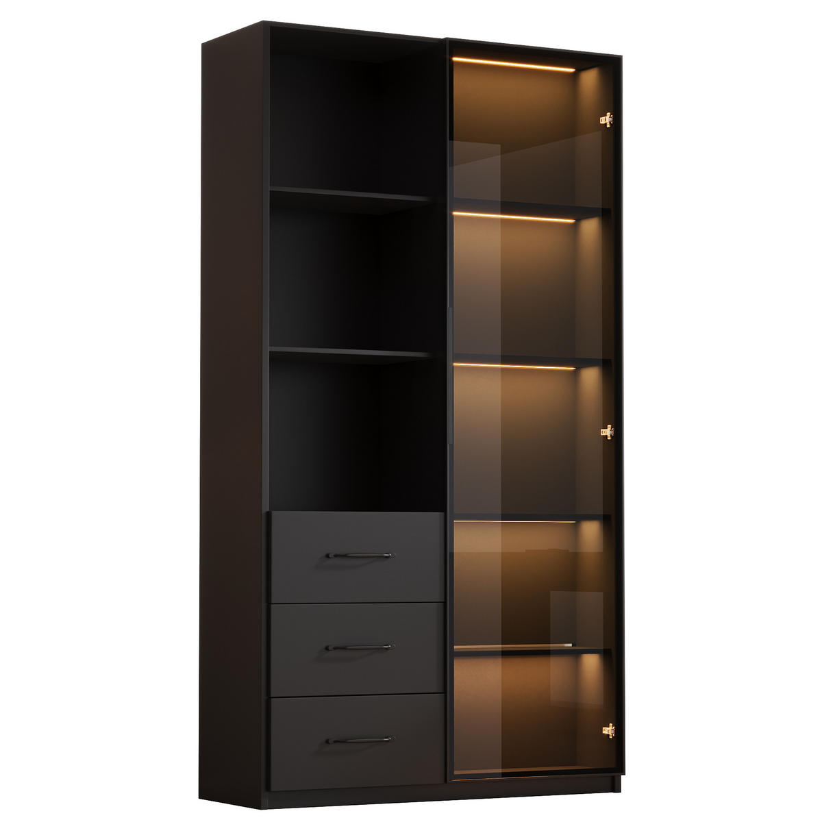 VITRINE 80cm Glas LED 3 Schubladen 3 Fächer modern - Schwarz, Holzwerkstoff (80/160/40cm) - FLIEKS