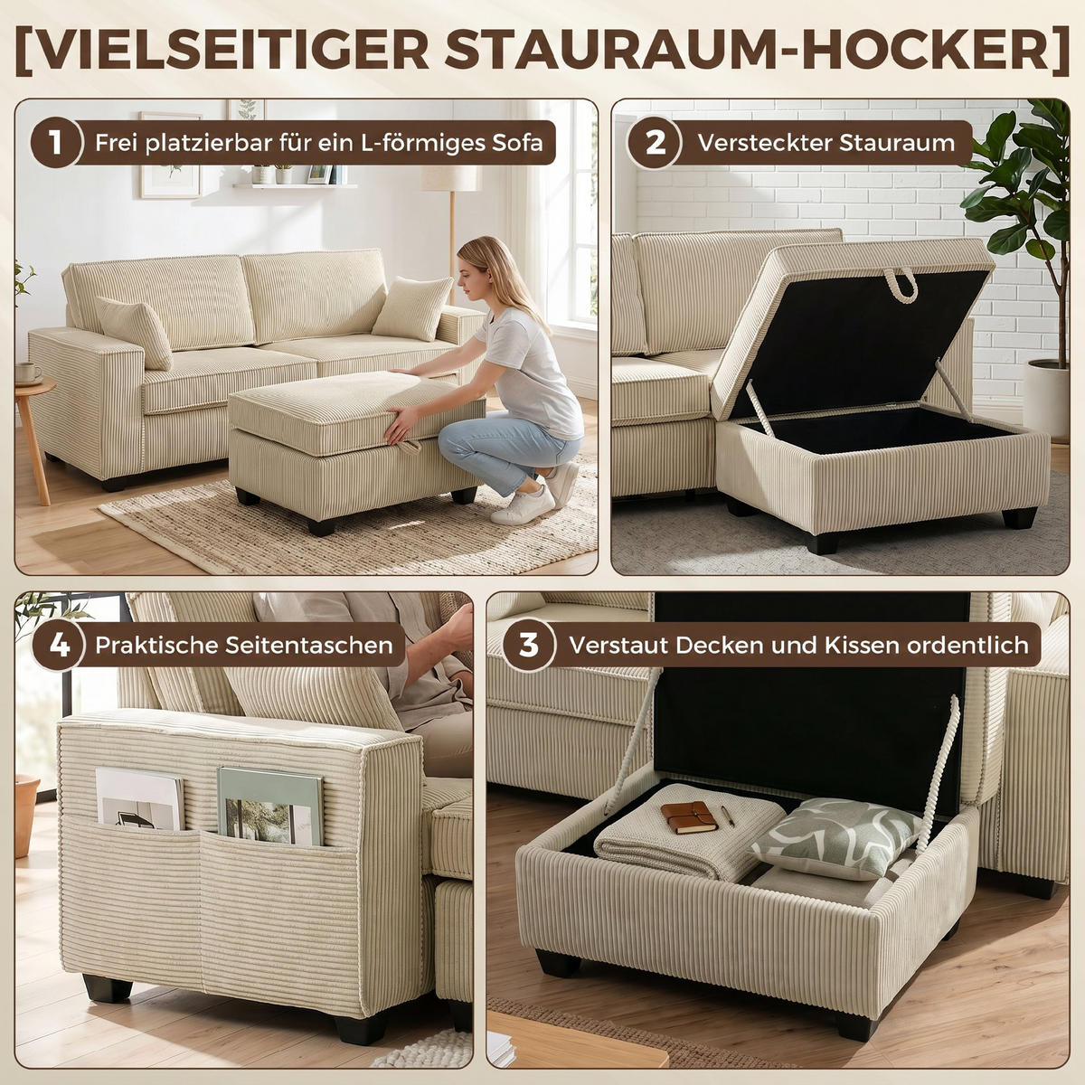 ECKSOFA Cord (100 % Polyester) Beige - Beige, Holzwerkstoff/Kunststoff (151/216cm) - HOMCOM