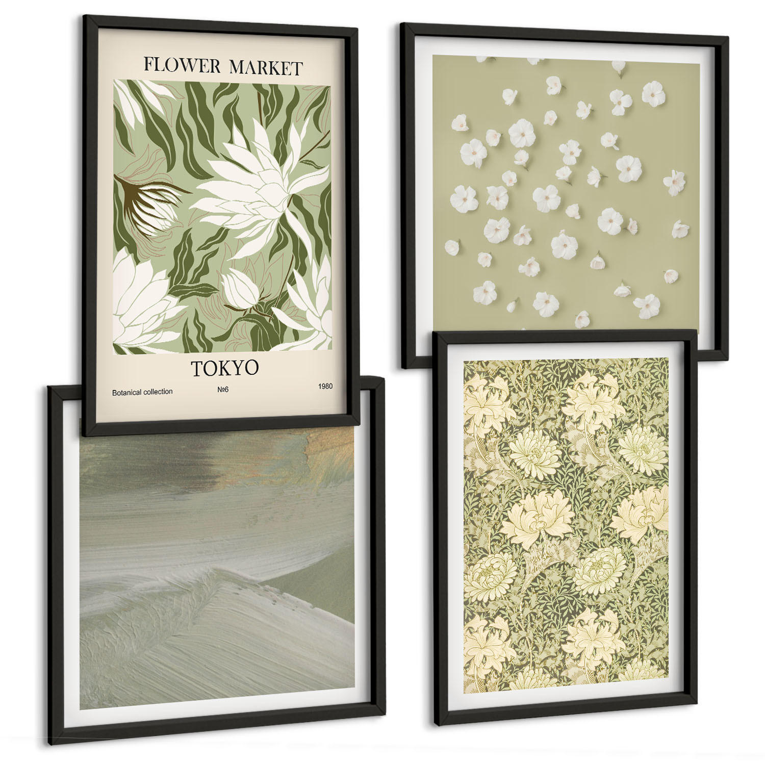 BILDER SET 4er Set - 50x50 cm & 40x60 cm Schwarzer Rahmen - Florale Abstraktionen im Boho-Stil - Schwarz, Kunststoff (50/50cm) - TULUP