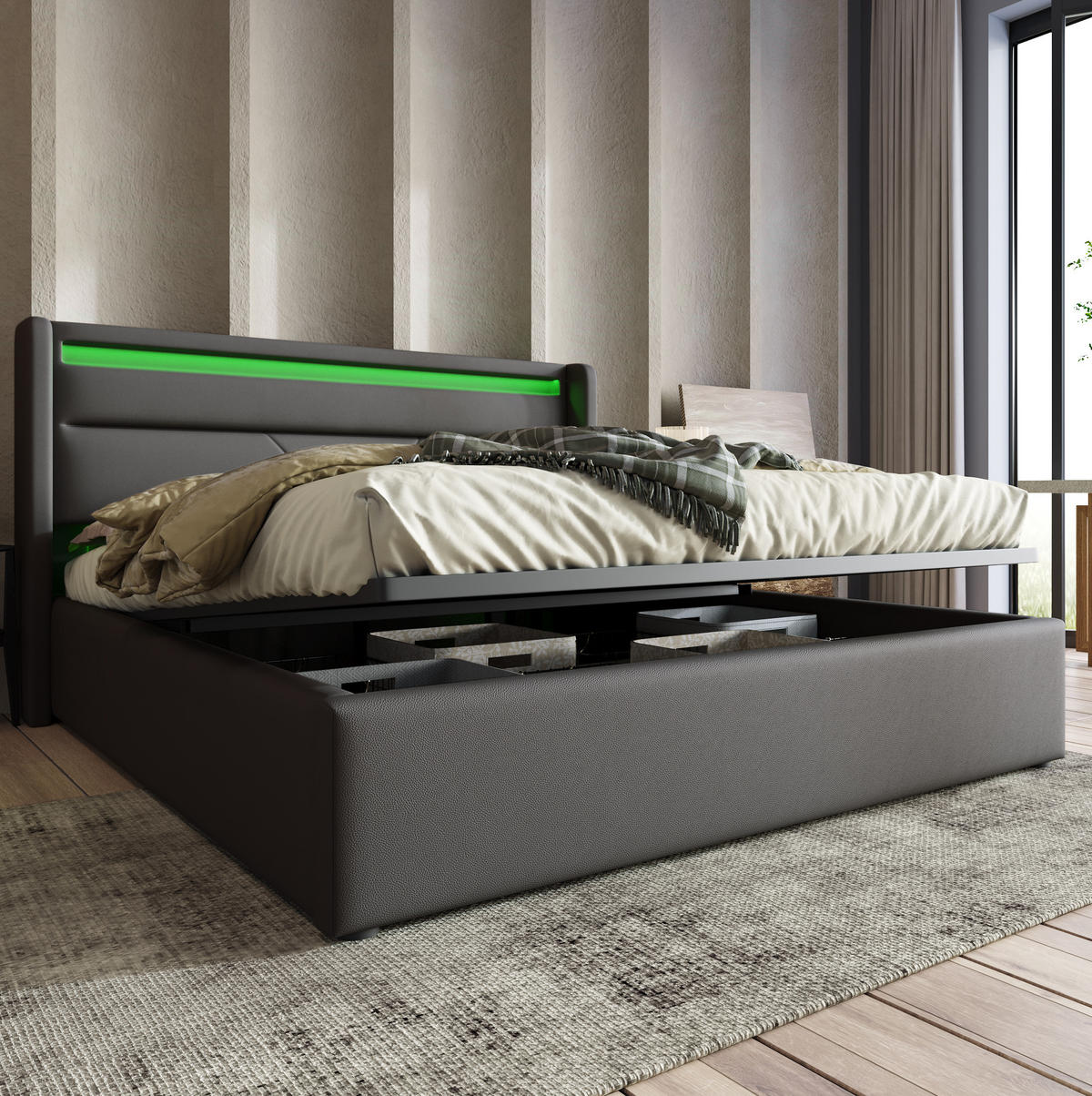 BETT mit Bettkasten und LED 160x200 cm PU Grau - Grau, Metall (160/200cm) - Meubliv