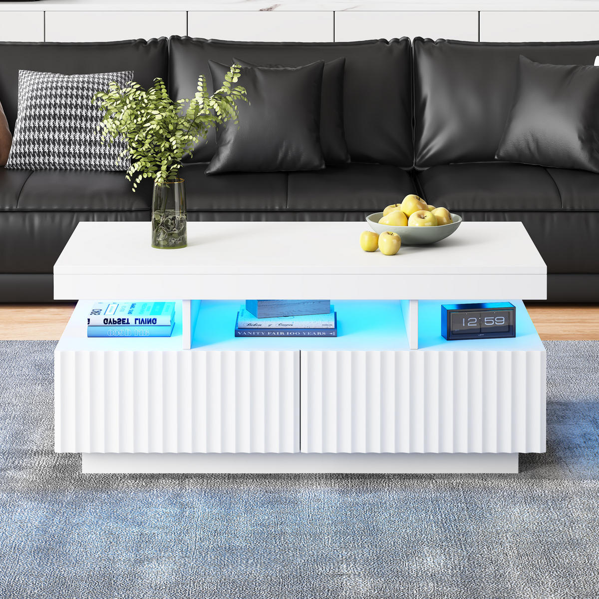 KONFERENČNÍ stolek 100/50/45 cm bílý z dřevotřísky s LED osvětlením a úložnými zásuvkami - bílá, kompozitní dřevo (100/50/45cm) - OKWISH