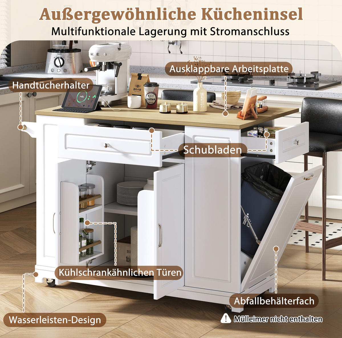 KÜCHENINSEL 131,8/40-70/93,3 cm mit ausklappbarer Arbeitsplatte, Steckdosen, USB und Abfallfach, MDF, Weiß/Natur - Weiß, Holzwerkstoff (131.8/93.3/70cm) - Redom