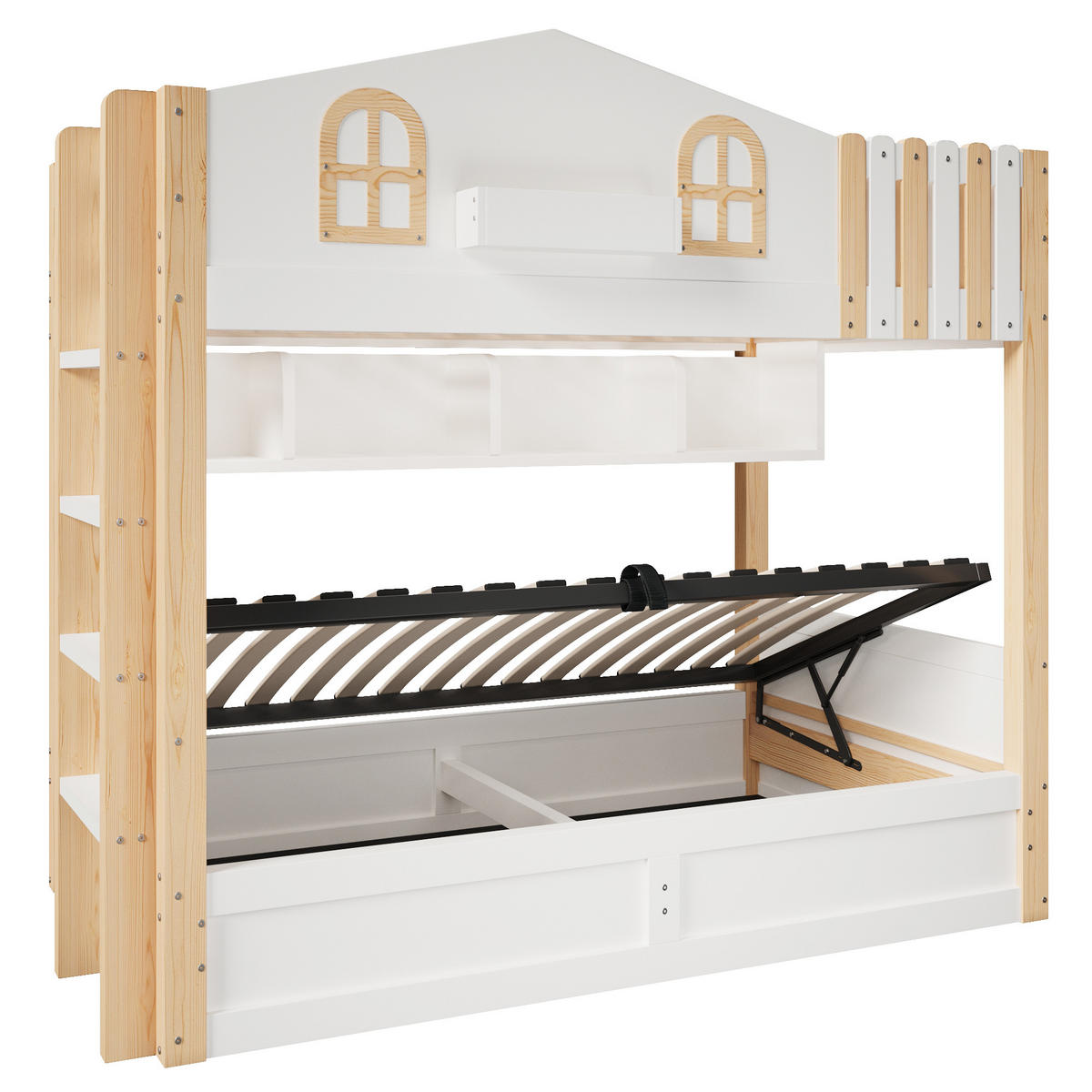 ETAGENBETT 90/200 cm Hausdesign mit Hydraulik-Stauraum und LED, DE-41987, in Weiß - Weiß, Holzwerkstoff (90/200cm) - ComfortXL