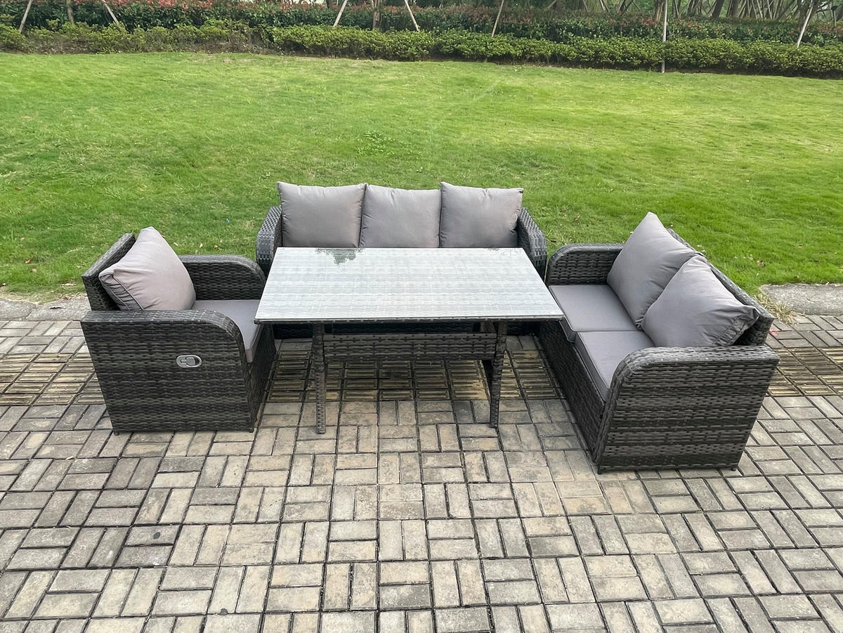 Gartenmöbelset mit 3-Sitzer Sofa,Esstisch,Polyrattan Dunkelgrau 6-Sitzer - Dunkelgrau/Grau, Glas/Kunststoff - Fimous