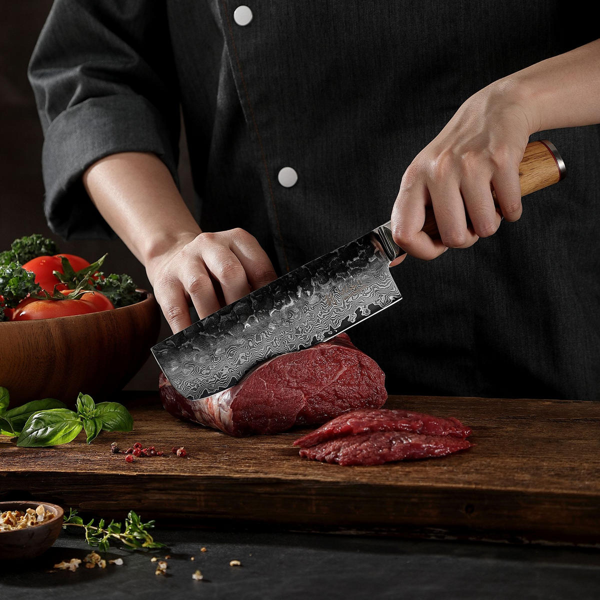 NAKIRIMESSER Damast HS Oliven Serie - Braun, Metall (31cm) - Wakoli