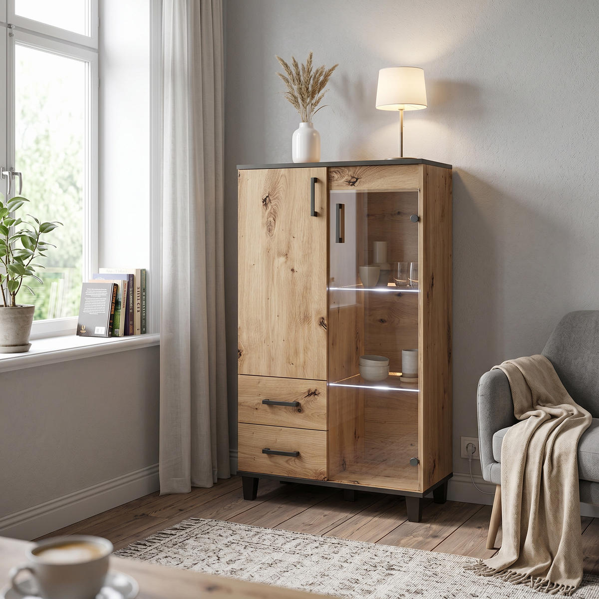 KOMMODE CORTEZA 80/132/40cm mit 2 Schubladen 2 Türen Eiche Artisan - Eiche Artisan, Holzwerkstoff (80/132/40cm) - MASSENO