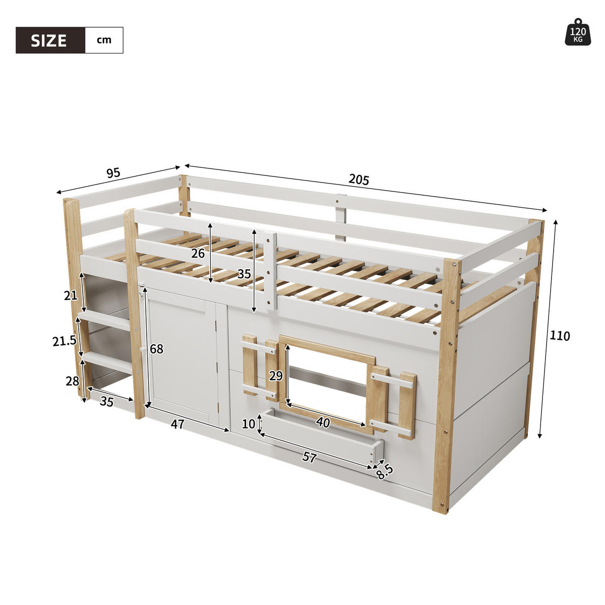 ETAGENBETT 90/200 cm in Weiß Kinderbett mit Leiter und Spielfläche aus Massivholz - Weiß, Holzwerkstoff (90/200cm) - STILVORA