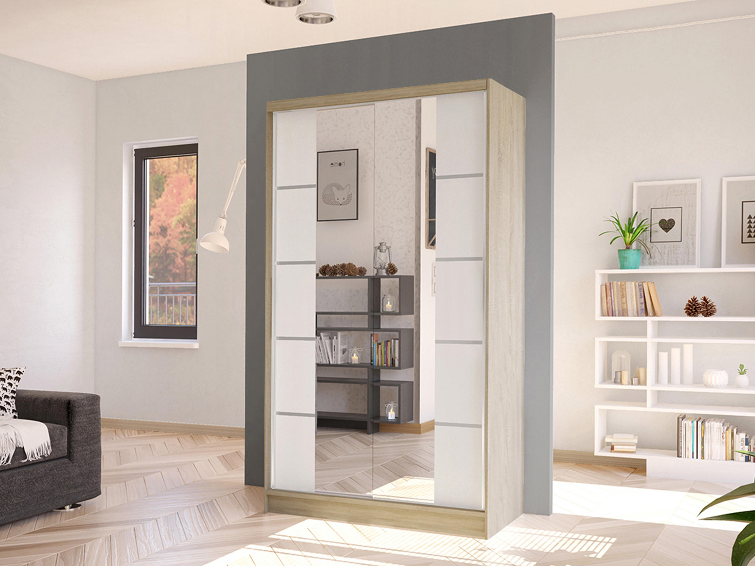 SCHWEBETÜRENSCHRANK Diego V - Weiß/Sonoma Eiche, Holzwerkstoff/Metall (100/200/58cm) - MIRJAN24