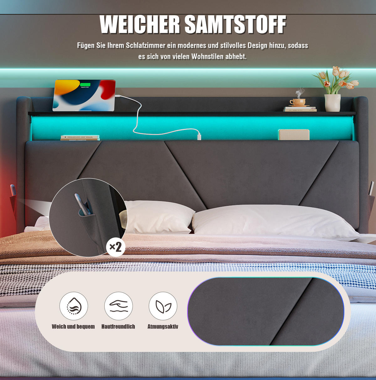 POLSTERBETT 140/200 cm mit LED-Beleuchtung, USB-/Type-C-Anschlüssen, Bettkasten und Regal im Kopfteil, Samt, Dunkelgrau - Dunkelgrau, Textil (140/200cm) - Redom