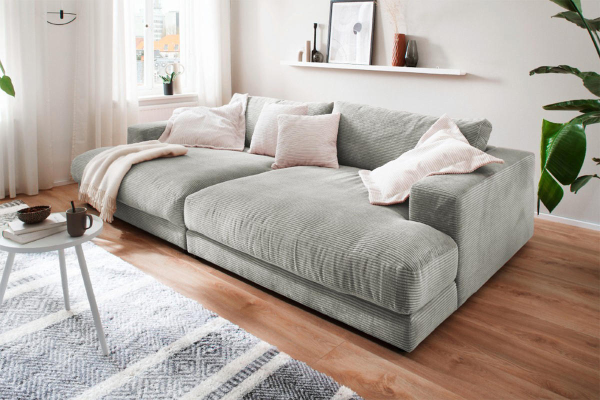 BIG SOFA XL MADELINE Hellgrau Cord - Hellgrau/Schwarz, Kunststoff/Textil (290/85/190cm) - KAWOLA