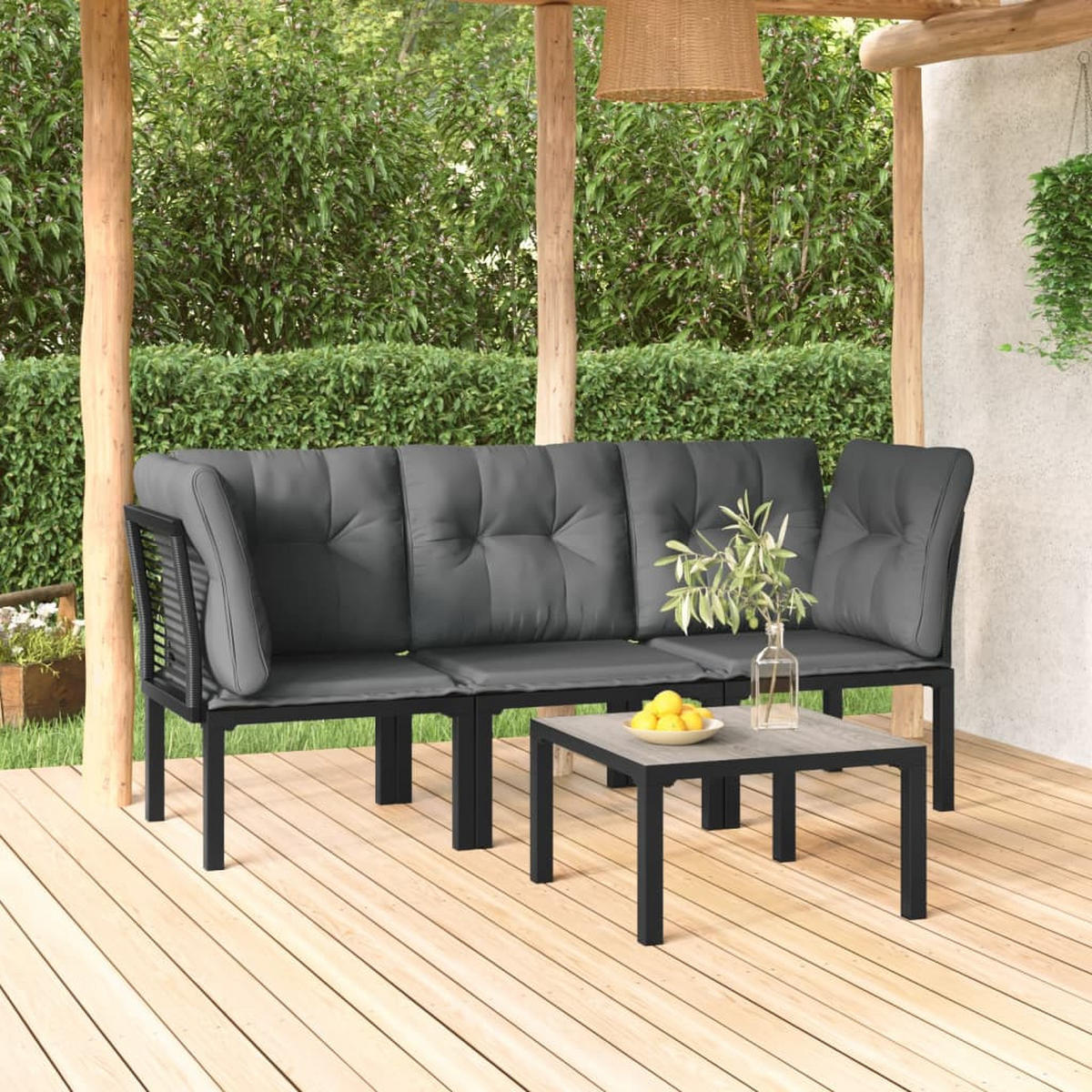 GARTEN-LOUNGE-SET 4-teilig Schwarz Und Grau Poly Rattan - Schwarz/Grau, Kunststoff/Textil - vidaXL