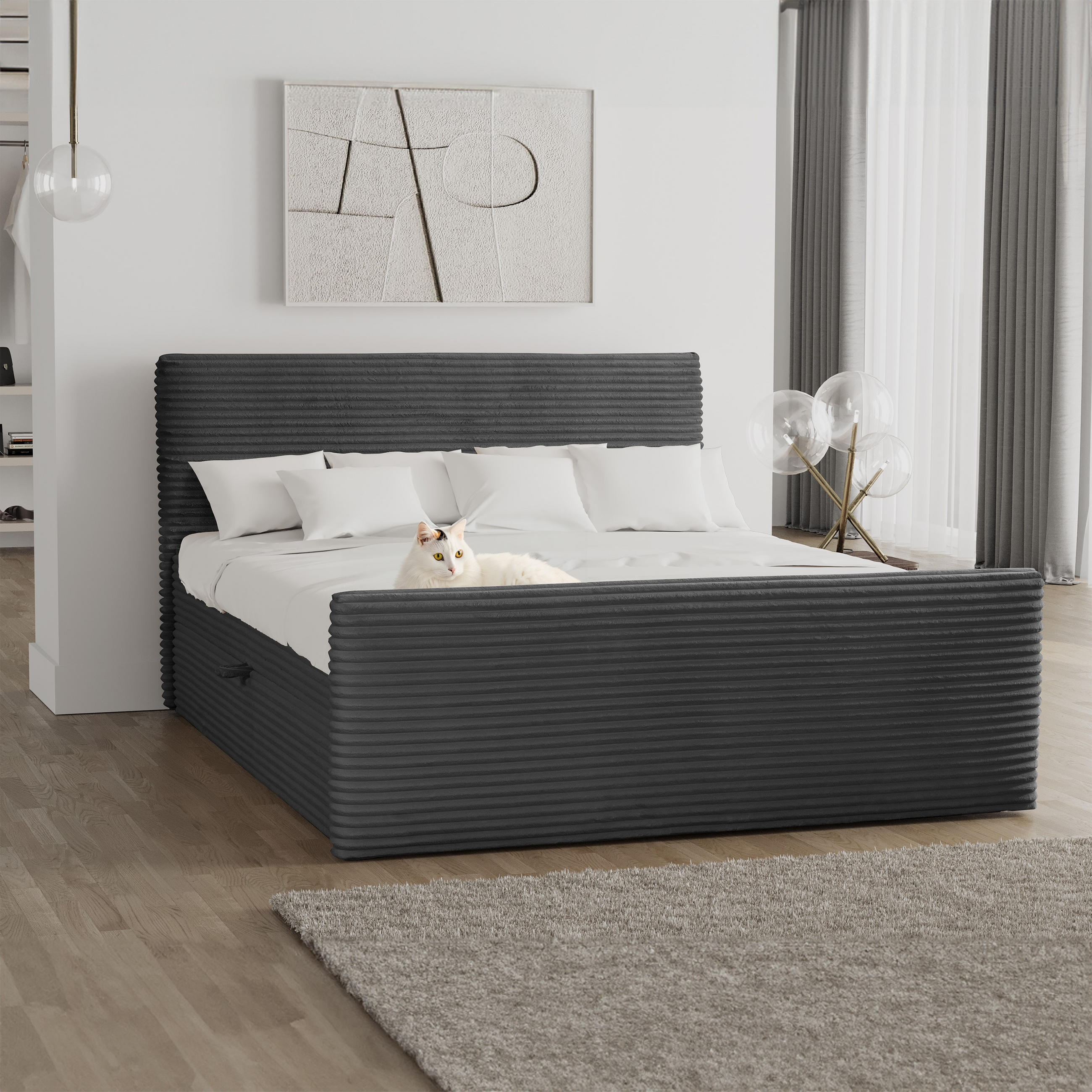 BOXBETT Mit Bettkasten Und Topper TRENTO Stoff Plüsch Cord 120x200 cm Graphit H3-Bonell - Graphitfarben, Holz/Textil (120/200cm) - Kaiser Möbel