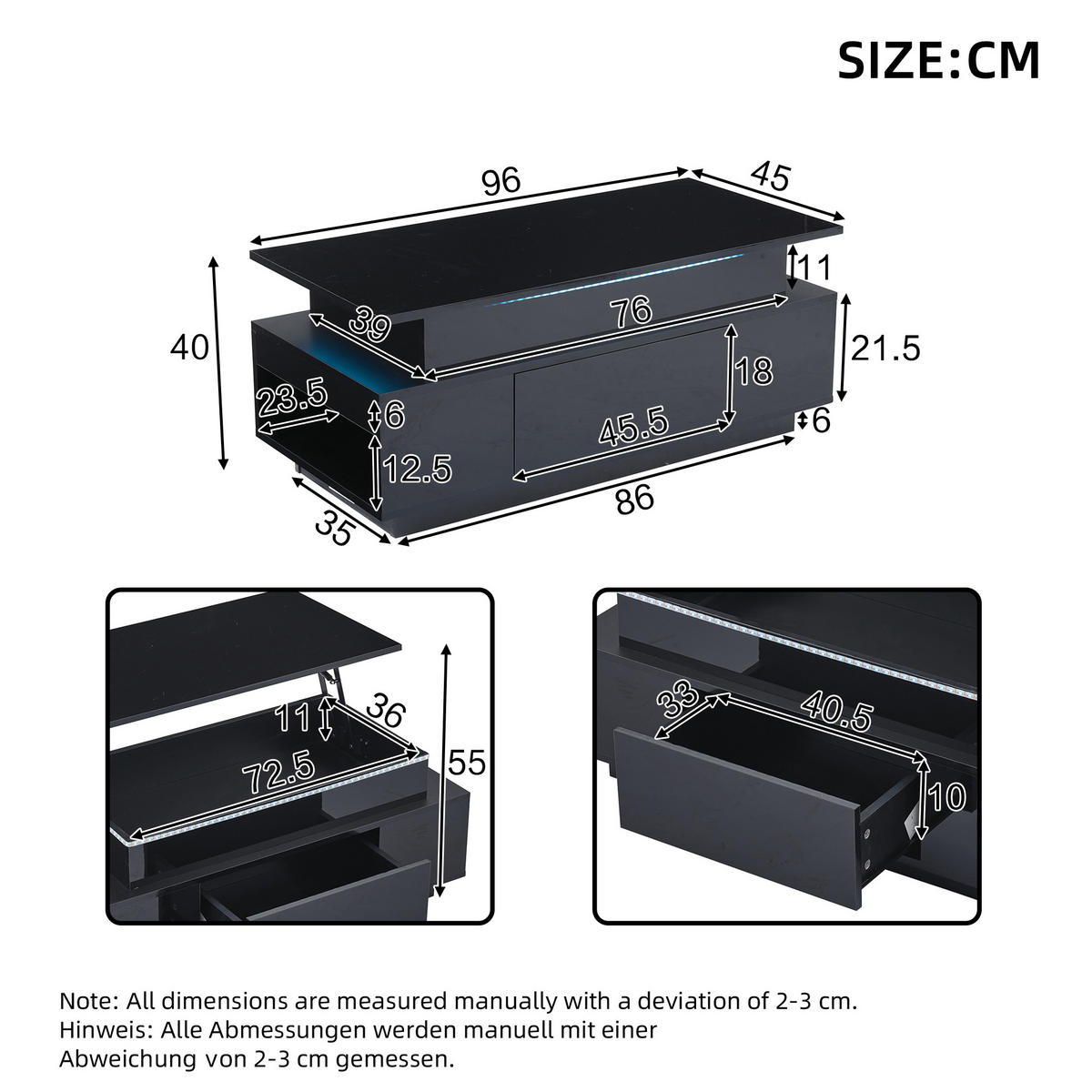 COUCHTISCH 96/45/40 cm Schwarz mit Höhenverstellung und LED-Beleuchtung - Schwarz, Holzwerkstoff (96/45/40cm) - OKWISH