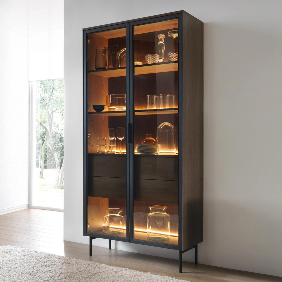 HOCHVITRINE LUMI 92 cm Eiche Dunin - mit Braunglas und LED-Beleuchtung - Eichefarben/Schwarz, Holz/Holzwerkstoff (92/195/39cm) - Ravio