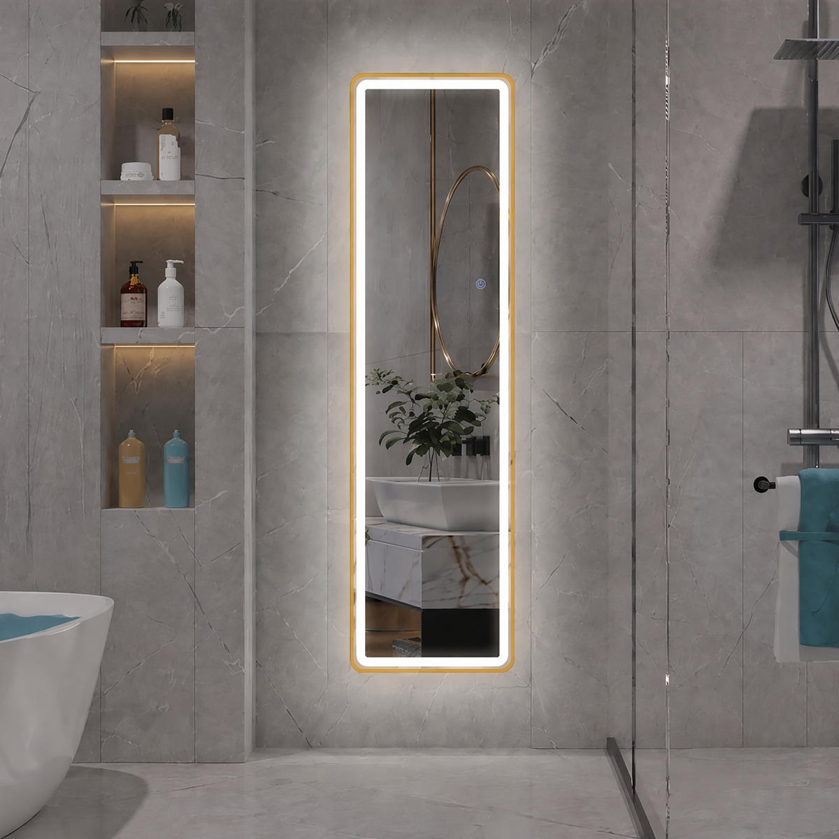 WANDSPIEGEL LED 150 x 40 cm aus Sicherheitsglas, abgerundete rechteckige Form, gold - Goldfarben, Metall (40/150/3cm)