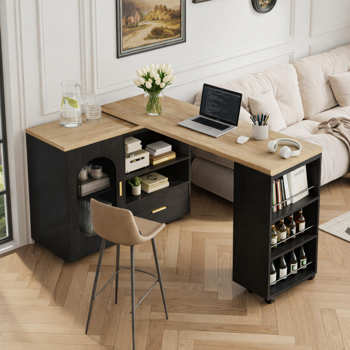 KÜCHENINSEL 360° drehbar mit Stauraum multifunktional Design - Schwarz/Naturfarben, Holzwerkstoff/Metall (184/90/60cm) - Quality Elegance