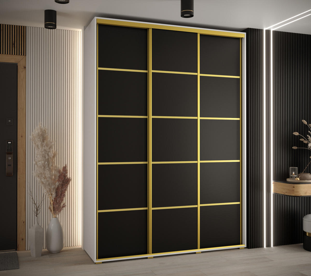 SCHWEBETÜRENSCHRANK 235,2/170/60 3-türig - Goldfarben/Schwarz, Holz/Metall (170/235/60cm) - Abiks Möbel
