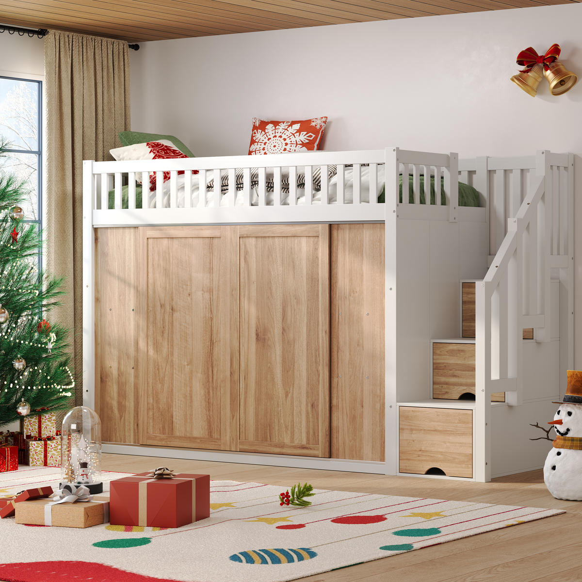 HOCHBETT 90/200 cm mit Kleiderschrank, Treppenschrank und App-gesteuerter LED-Lichtleiste, Weiß/Eichefarben - Weiß, Holzwerkstoff (90/200cm) - Redom