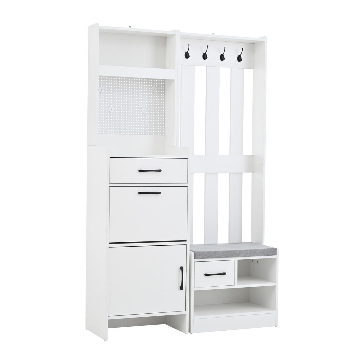 STANDGARDEROBE mit 7 Haken, Sitzbank und Schuhschrank in Weiß 110/35/175,5 cm - Weiß, Holzwerkstoff (110/175.5/35cm) - BEAOK