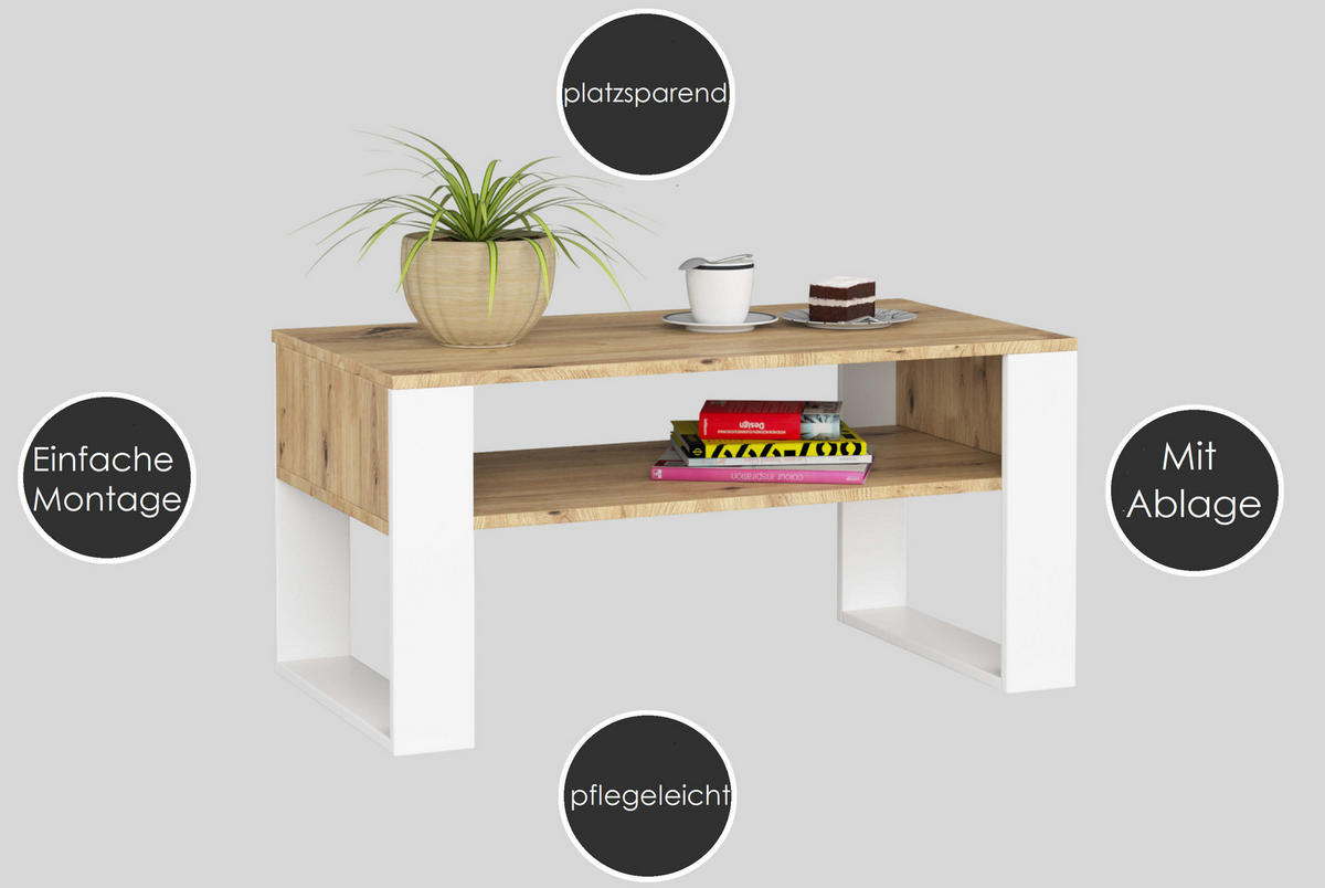 COUCHTISCH Rechteckig Eiche Artisan - Weiß 92/45/50 cm - Eiche Artisan/Weiß, Holzwerkstoff (50/92/45cm) - designimpex