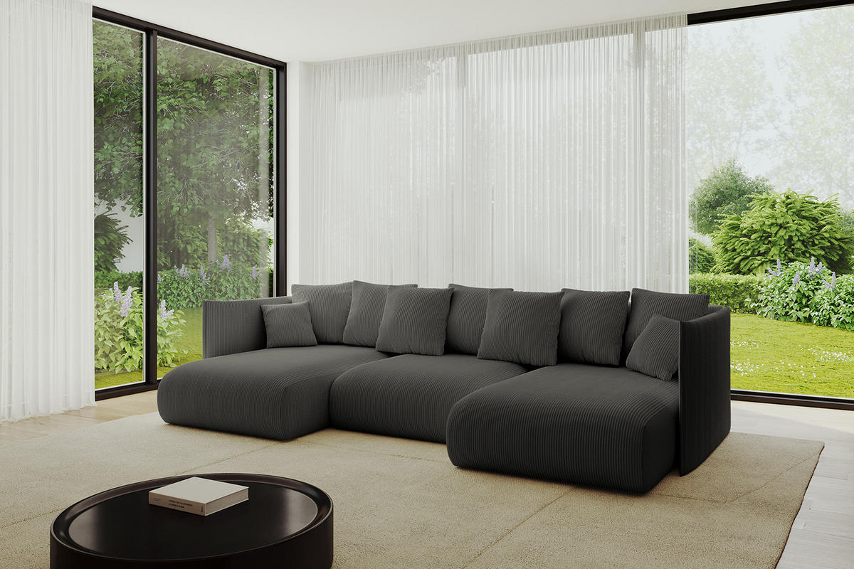 WOHNLANDSCHAFT mit Schlaffunktion und Bettkasten ONESK-U 304x165x40 Dunkelgrau Cord - Dunkelgrau, Holzwerkstoff/Kunststoff (304/90/165cm) - ALTDECOR