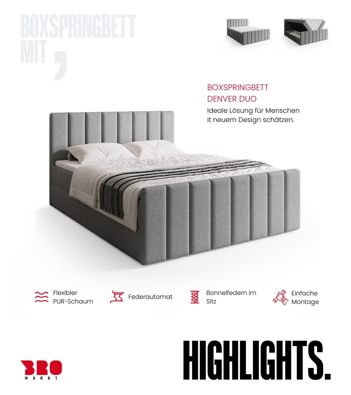 BOXSPRINGBETT Denver DUO mit Topper 140x200 Grau - Hellgrau, Textil (140/200cm) - Bromarkt