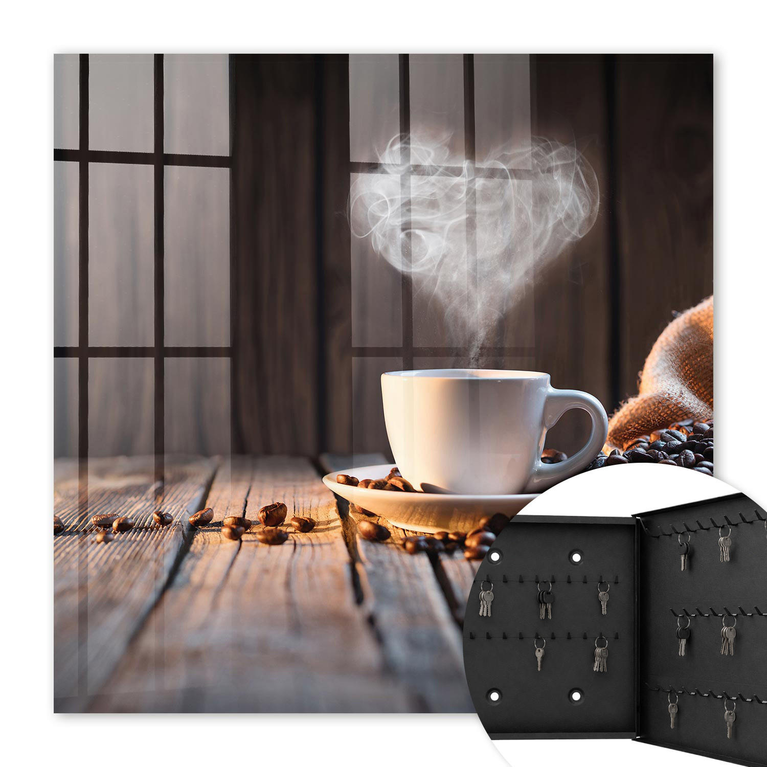 SCHLÜSSELBOX Schwarz 30x30 cm- Türöffnung nach rechts - Kaffeeherz - Braun, Metall (30/30/5cm) - TULUP
