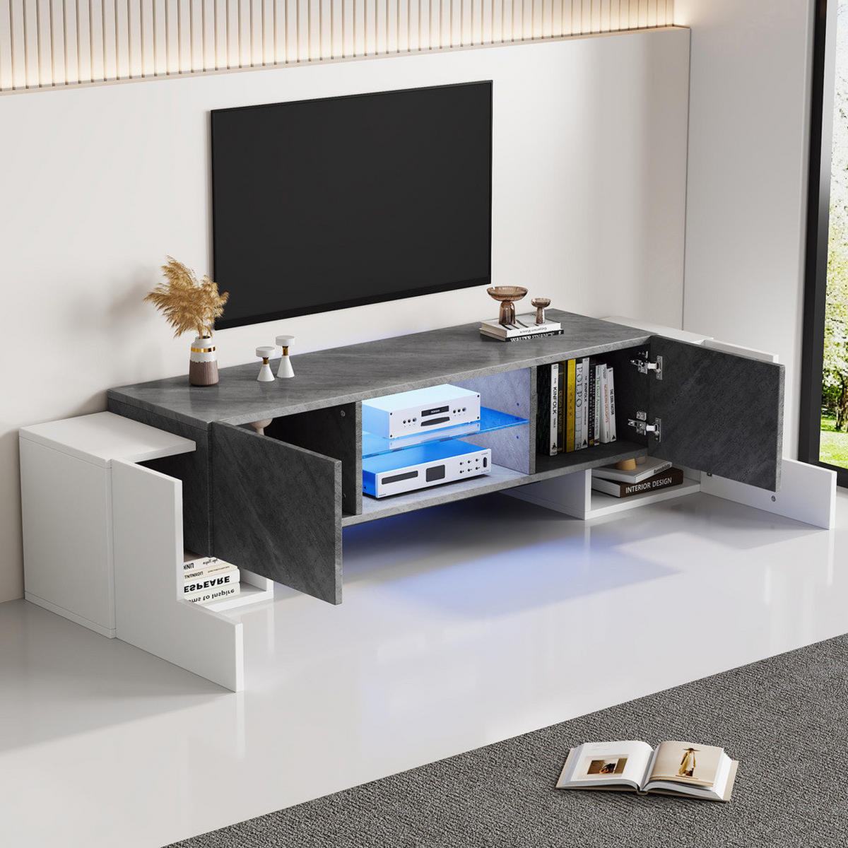 TV-SCHRANK 180x40cm Lowboard Weiß-Grau Bluetooth-LED bis 70 Zoll - Weiß, Holz (48.9/12.7/146.05cm) - FLIEKS