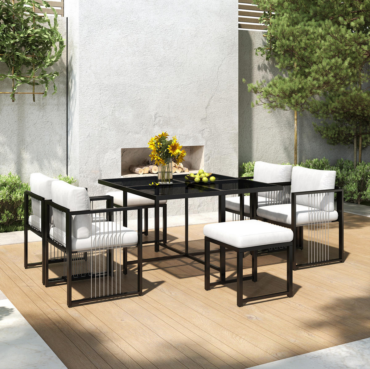 LOUNGEGARNITUR 117/117 cm Schwarz/Weiß aus Metall mit Hartglas 7er Set - Schwarz, Metall - OKMYHOME