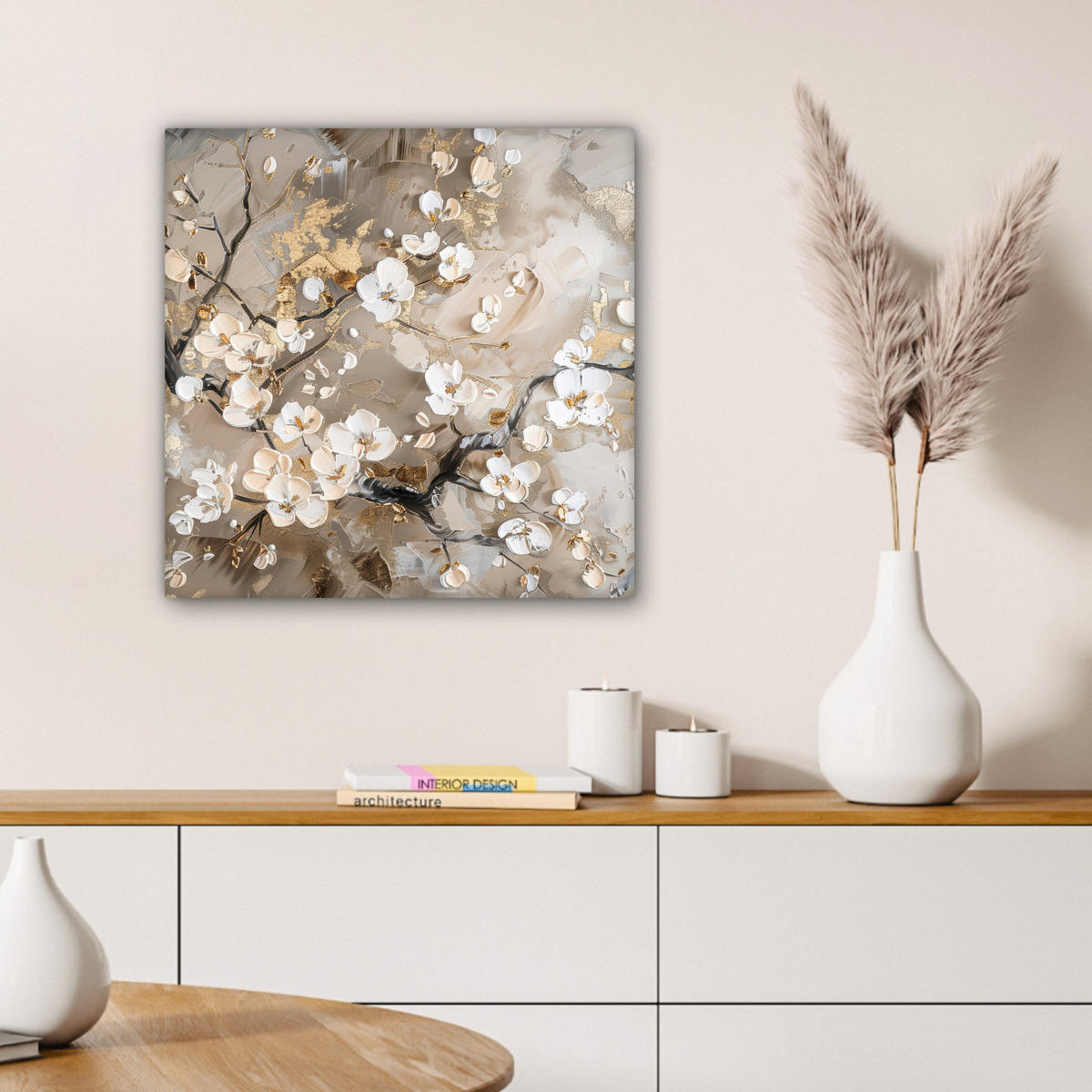 LEINWANDBILD - Blumen - Weiß - Gold - Beige - Luxus - 50x50 - Room Decor - Greige, Textil (50/50cm) - MuchoWow