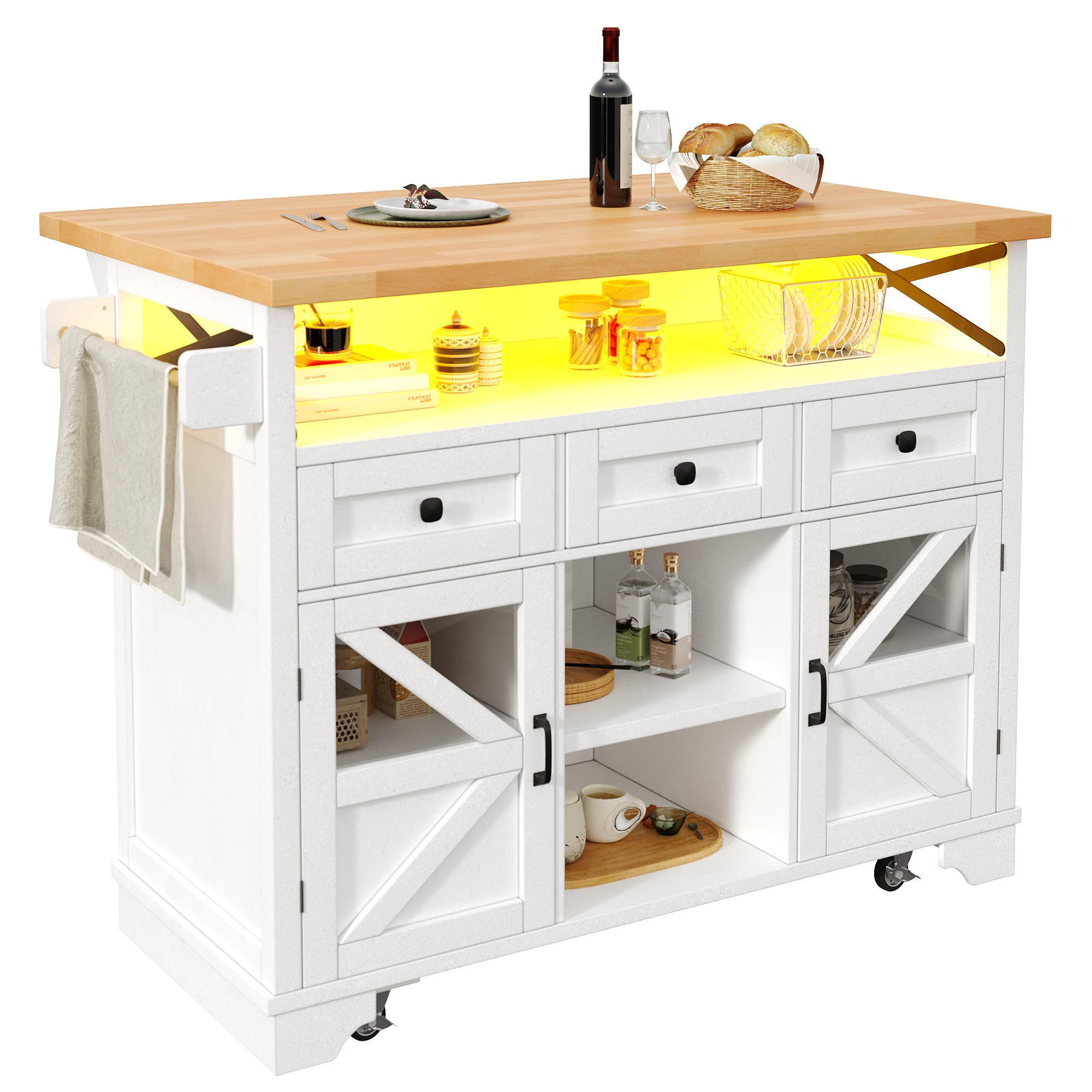 KÜCHENINSEL Rollbar Klapptisch App LED Stauraum - Weiß, Holzwerkstoff (120/98/43cm) - FLIEKS