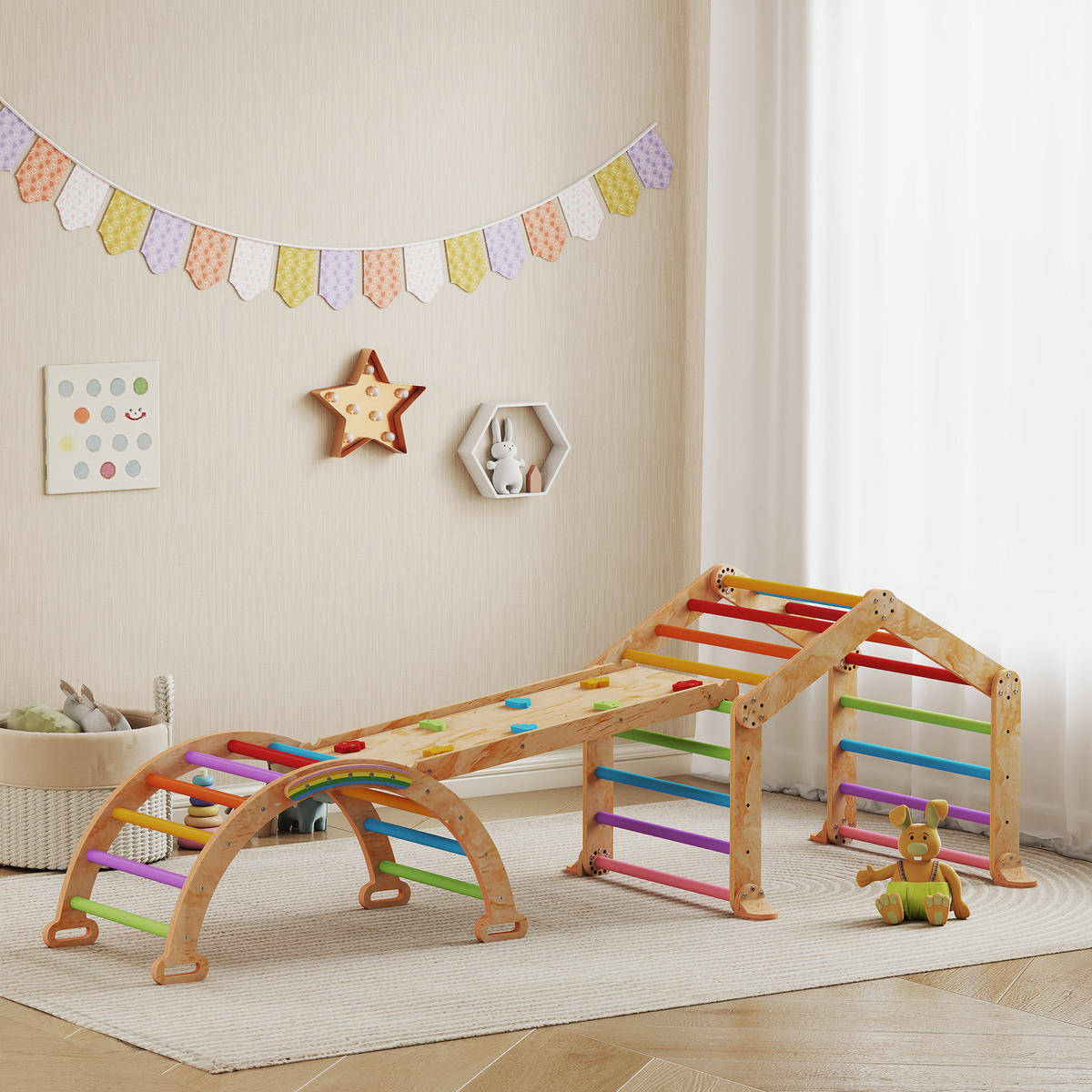 KLETTERDREIECK DE-18398 9-in-1 mit umkehrbarer Rutsche & Wippe Bunt - Naturfarben, Holzwerkstoff (52.5/100cm) - ComfortXL