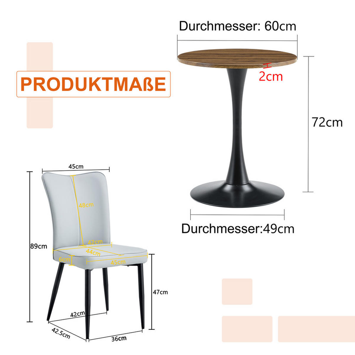 TISCHGRUPPE 3-tlg 60cm MDF mit 2 PU-Leder Stühlen Hellgrau - Weiß, Holzwerkstoff/Metall (73.5/21.5/76cm) - Raelunyi