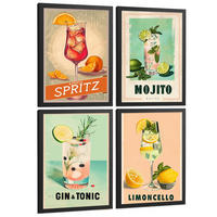 PLAKAT Sada 4 Koktejlový nápoj A3 Černý rám - černá, papír (29.7/1/42cm) - Nacnic